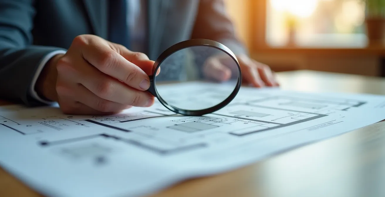 Main tenant une loupe examinant des plans d'aménagement de bureau
