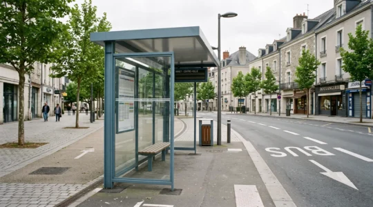 Abri bus en métal et verre installé sur un trottoir urbain français, avec toiture, vitrage et banc intégrés dans l'espace public.